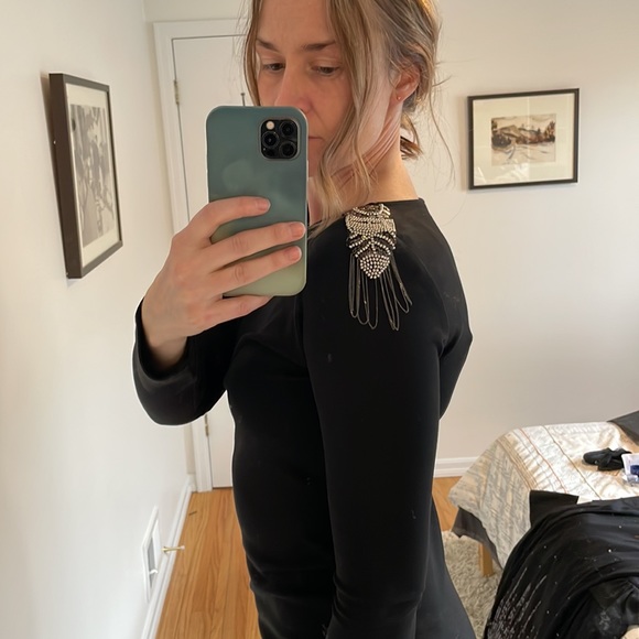 Teenflo dress black stretchy material with shoulder pads and metal detailing - Picture 1 of 7